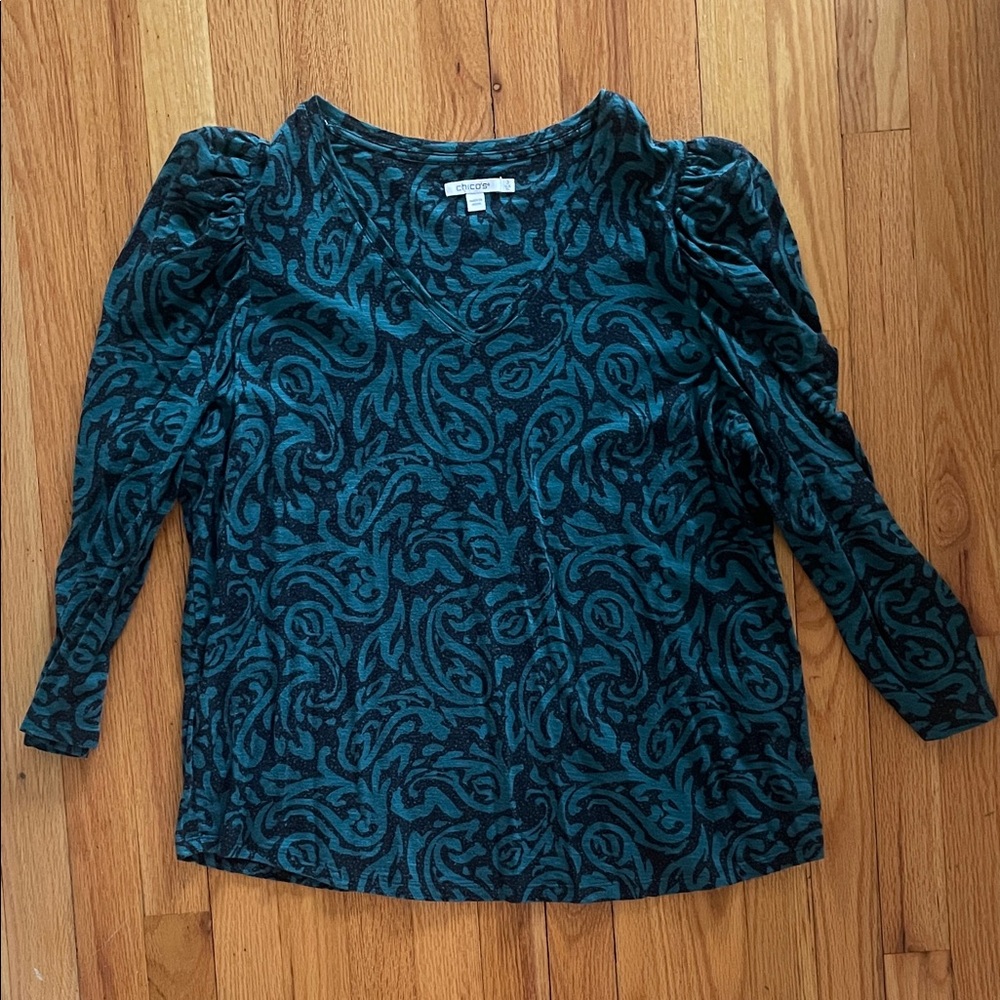 Elliott Lucca Teal & Black Paisley-Pattern Long Sleeve Top